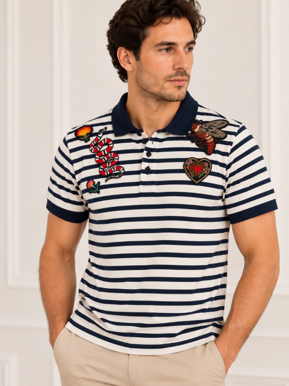 Gucci Men’s Navy & White Striped Embroidered Snake Bee Polo Shirt Size M
